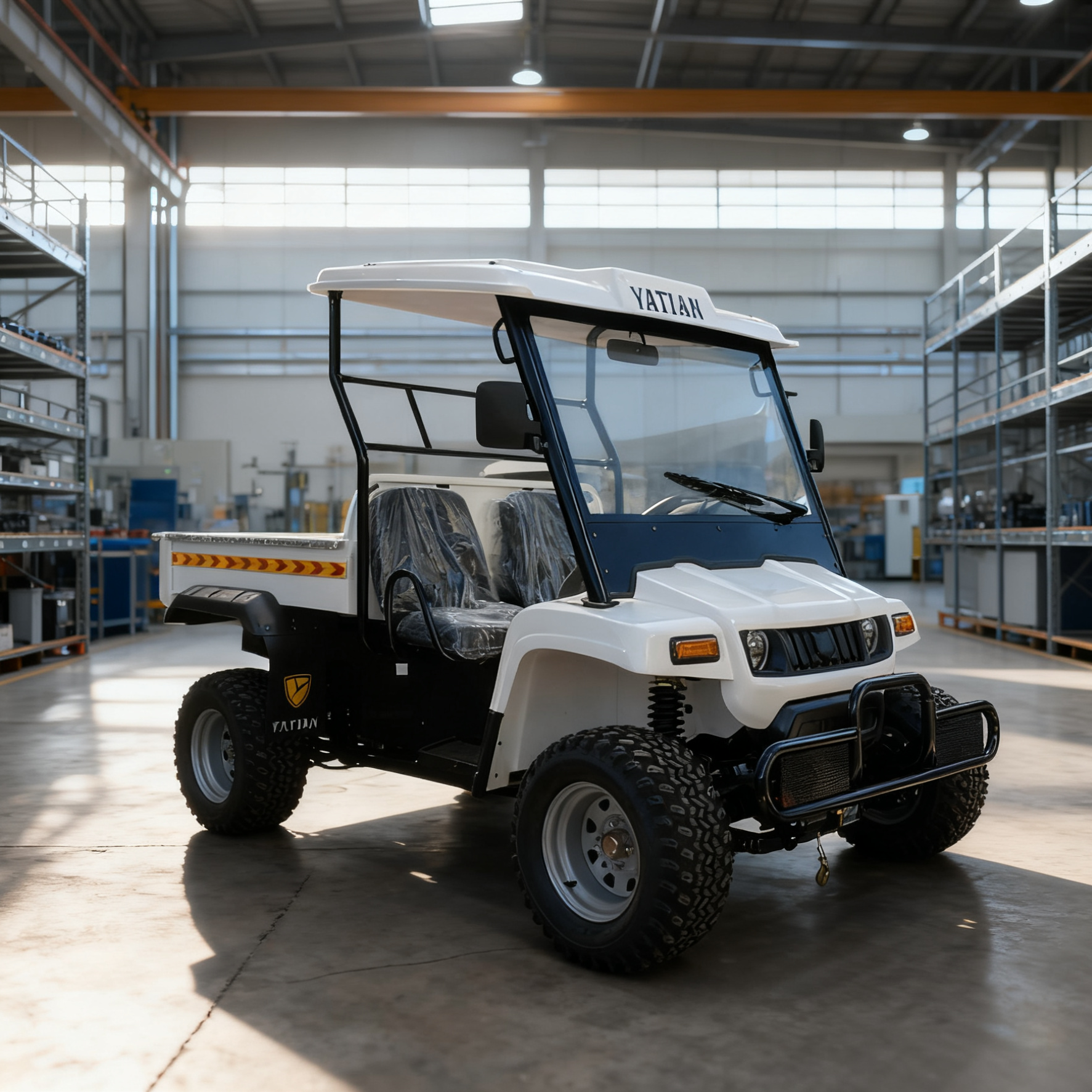 YATIAN heavy-duty electric utility vehicle transporting timber in forest