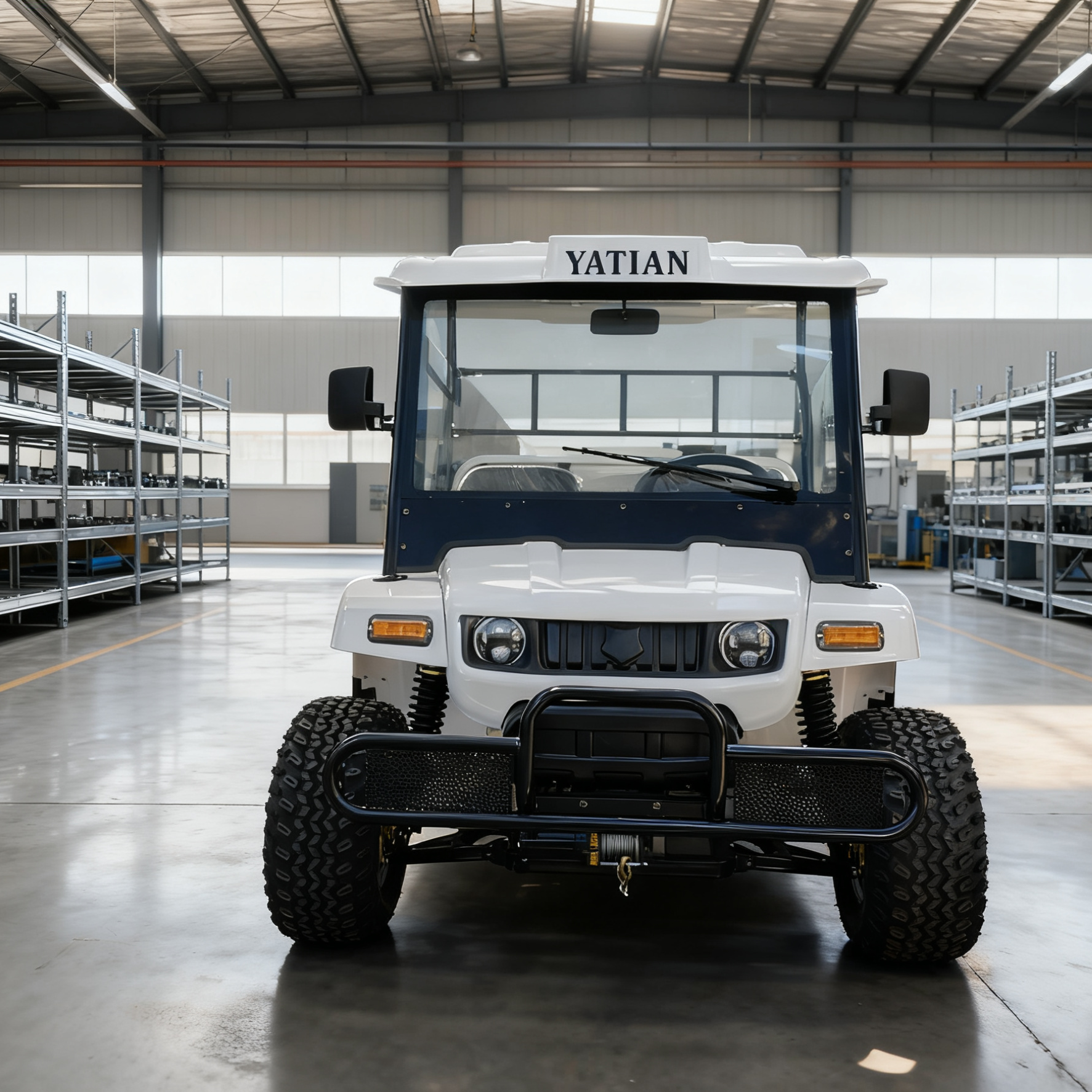 YATIAN electric forest truck navigating rough terrain with heavy wood cargo