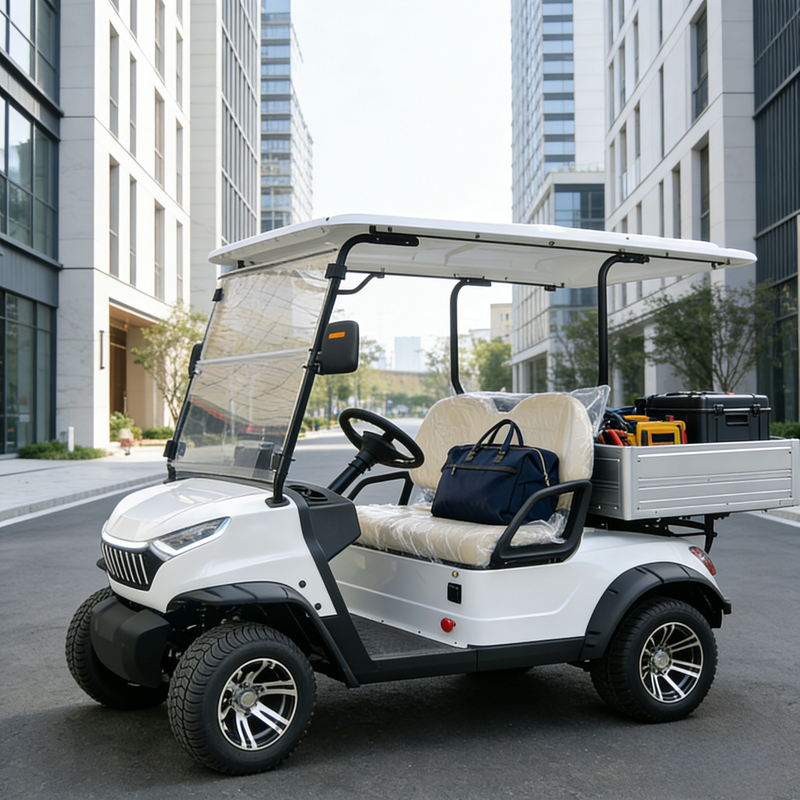 Yatian GQ02H 2-seater electric golf cart with cargo box on golf course, 48V5KW motor, 80km max range