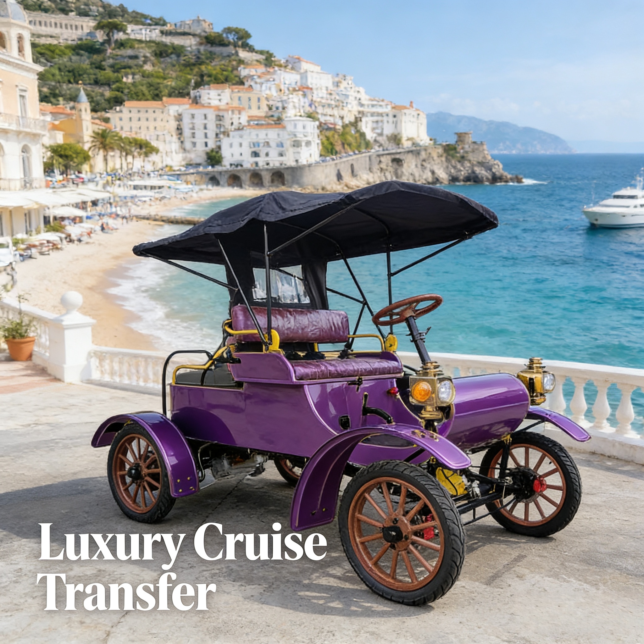 Purple 1903 open-type vintage electric car for luxury coastal cruise transfer by the seaside