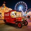 Coca-Cola vintage mobile food truck at an amusement park with a Ferris wheel