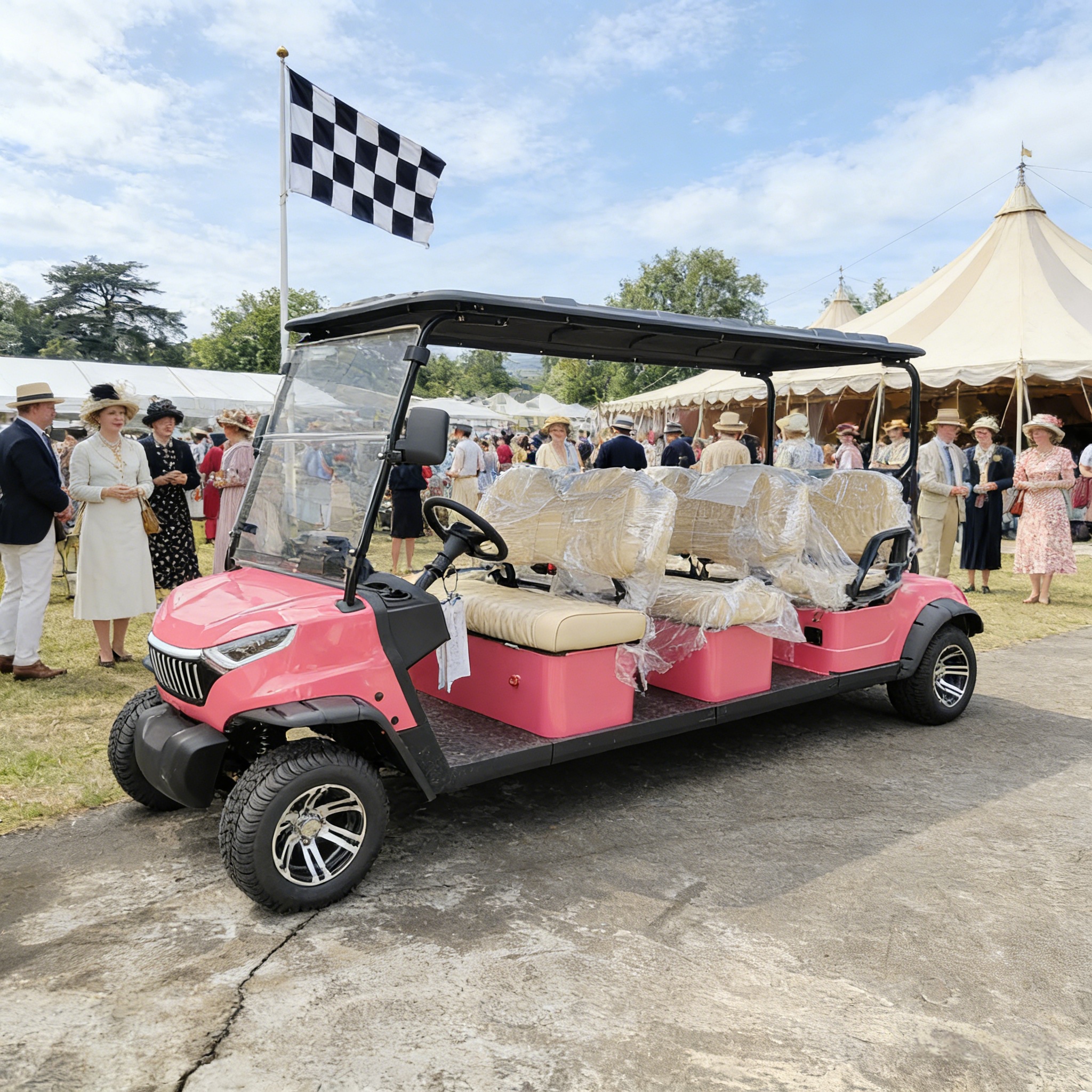 6-seat pink retro electric golf cart at a high-end wedding venue, serving as a stylish guest shuttle for commercial events
