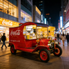 Coca-Cola retro food truck parked on a charming European-style street at night
