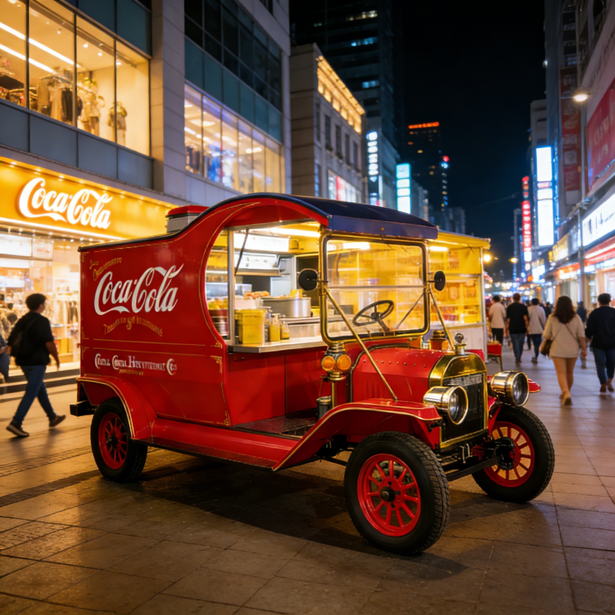 Coca-Cola retro food truck parked on a charming European-style street at night