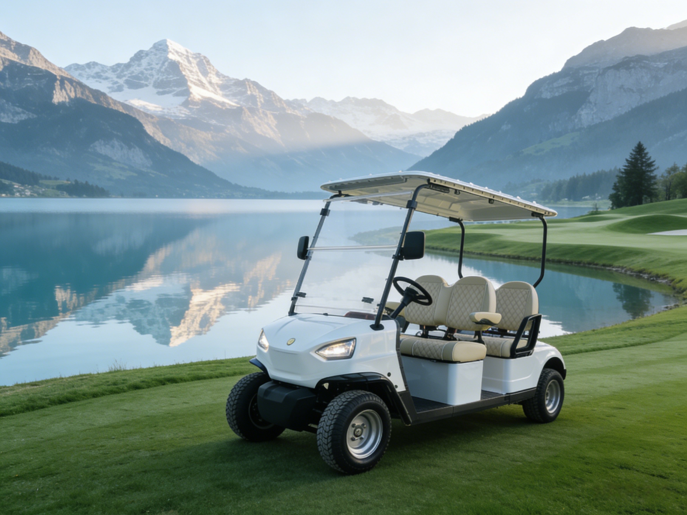 2-seat white electric golf cart on a serene lakeside golf course, designed for golfer experience upgrade and operational efficiency