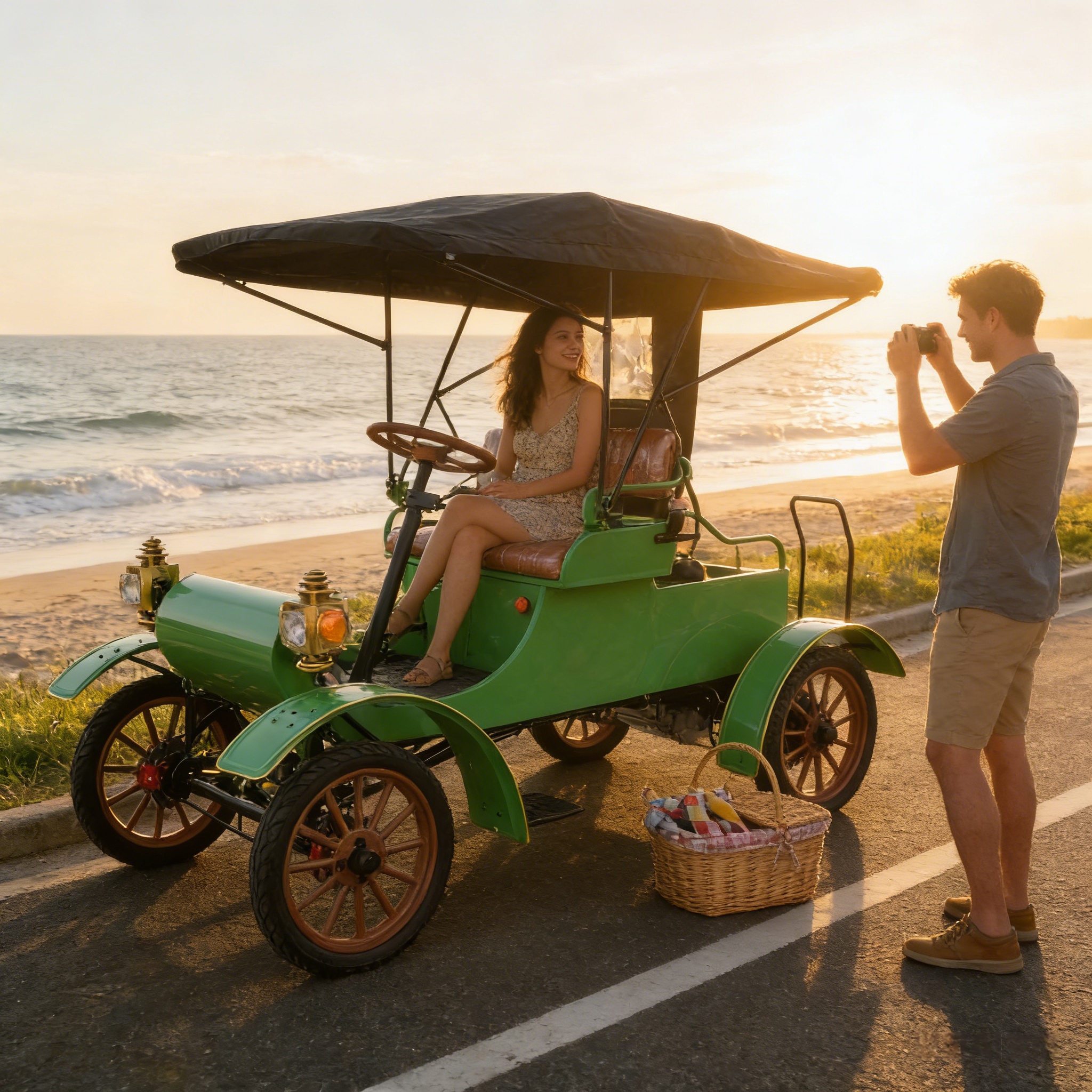Green retro electric vintage car - Coastal couple photography scene (with picnic basket element)