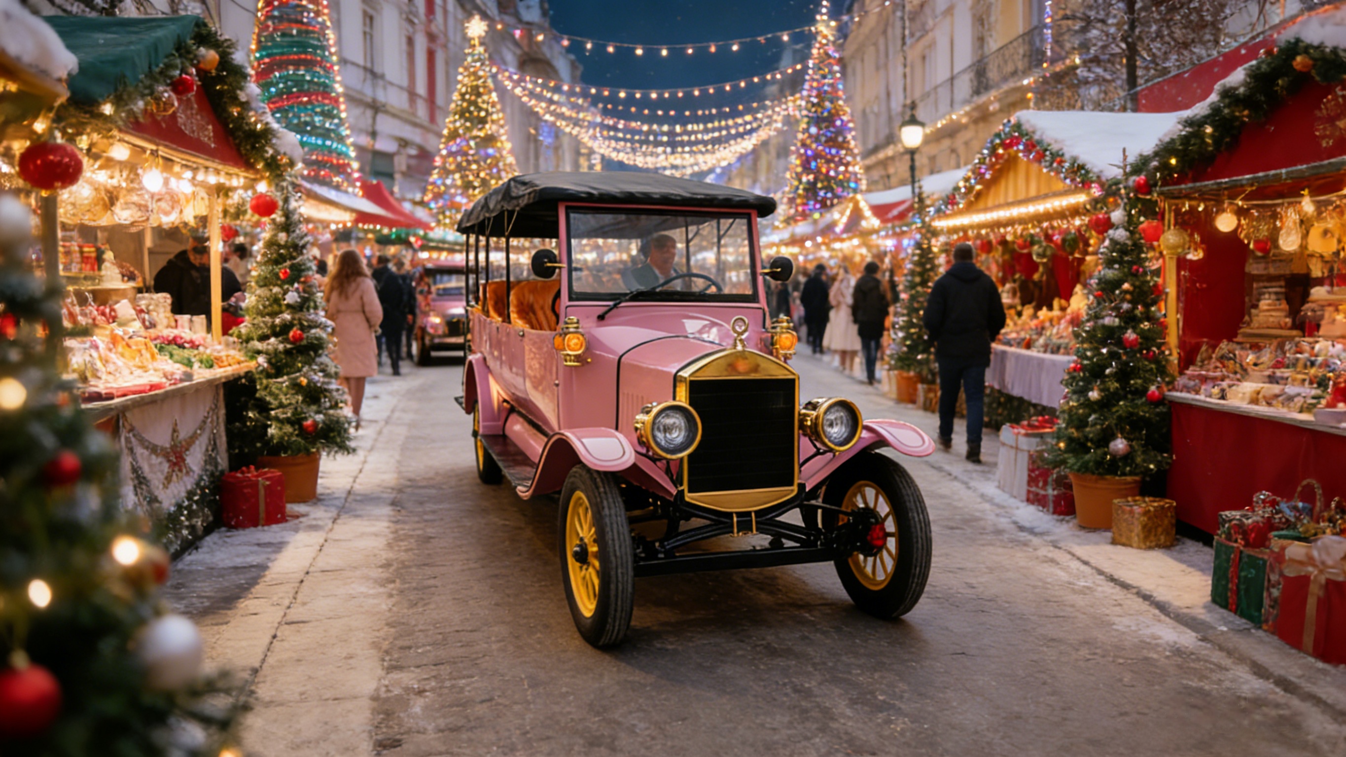 YATIAN LY11N 11-seat custom pink & gold vintage electric sightseeing car at European Christmas market