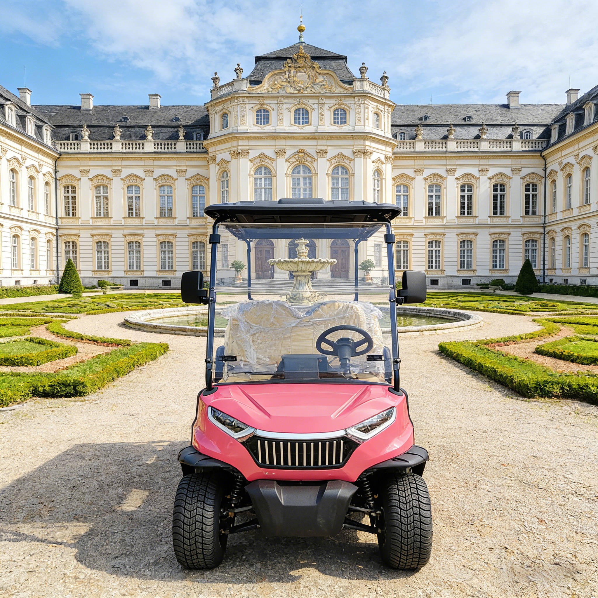 6-seat pink retro electric golf cart at a high-end vintage wedding venue, serving as a stylish guest shuttle and photo check-in spot