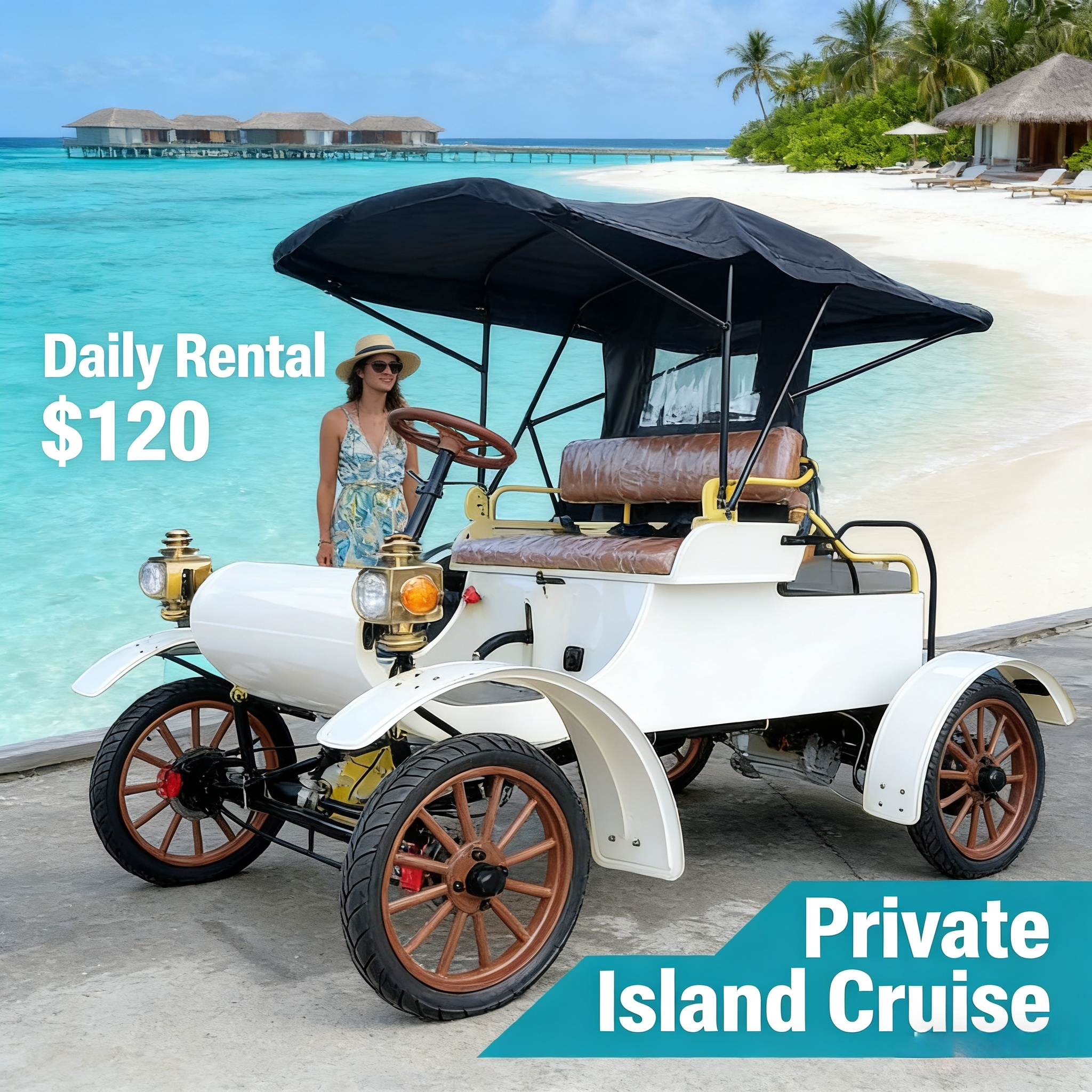 White customizable vintage electric car for private island cruise (daily rental $120)