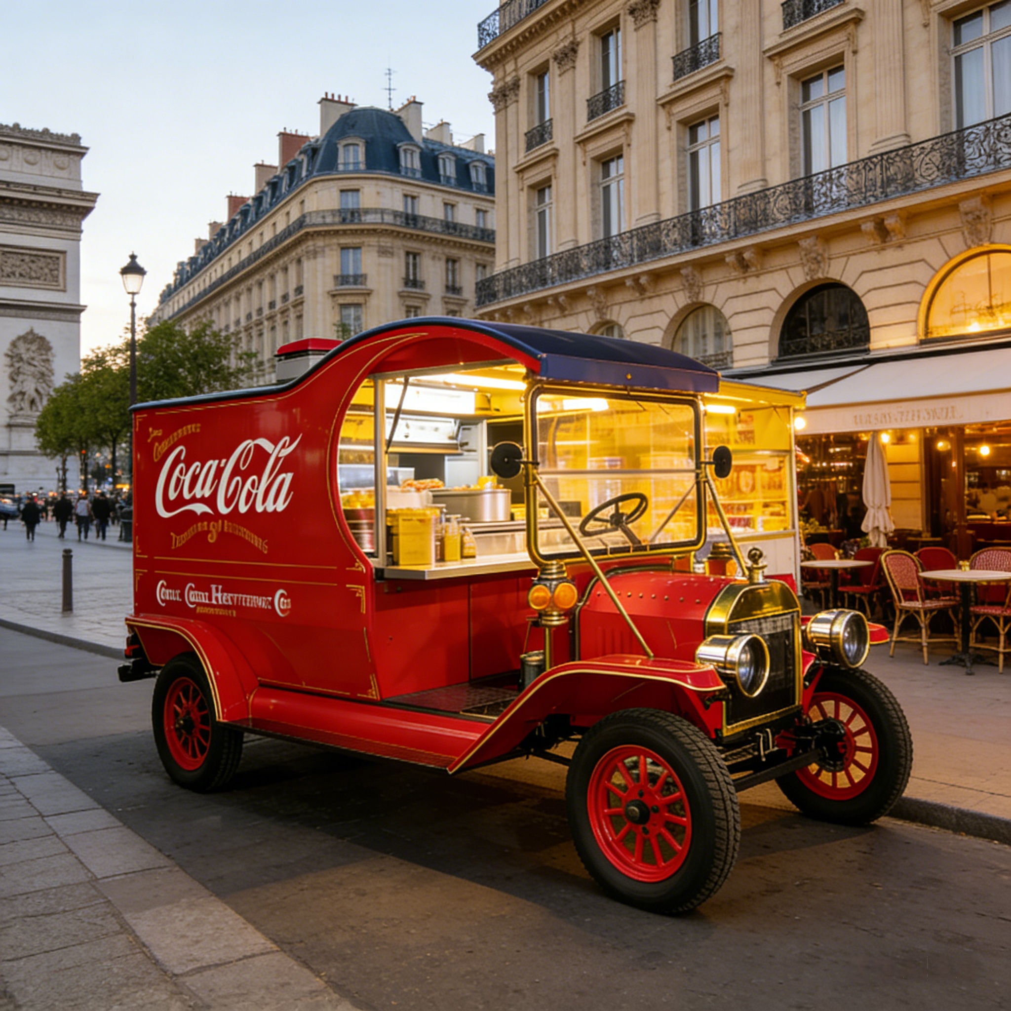 Coca-Cola vintage mobile food truck in a busy city pedestrian street