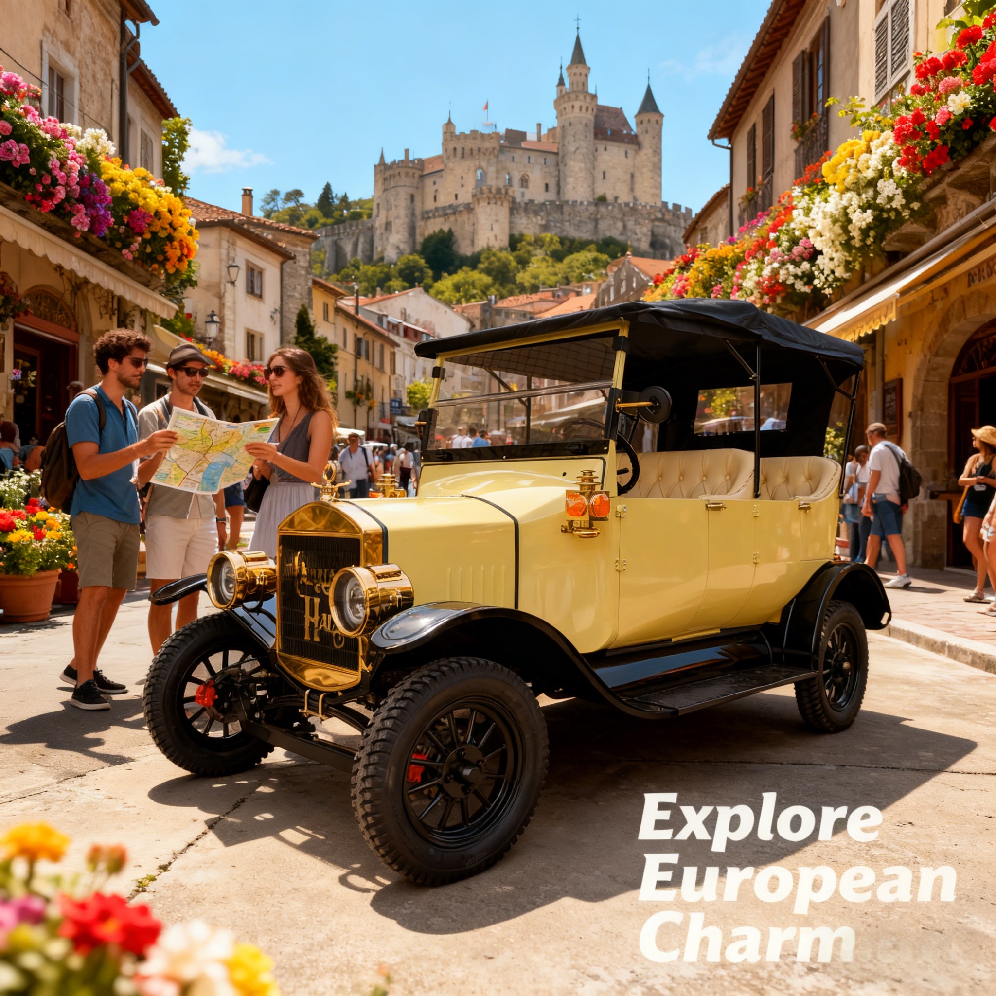 Yatian Red Retro Electric Sightseeing Car – Matching Santorini’s Blue-and-White Aegean Scenery