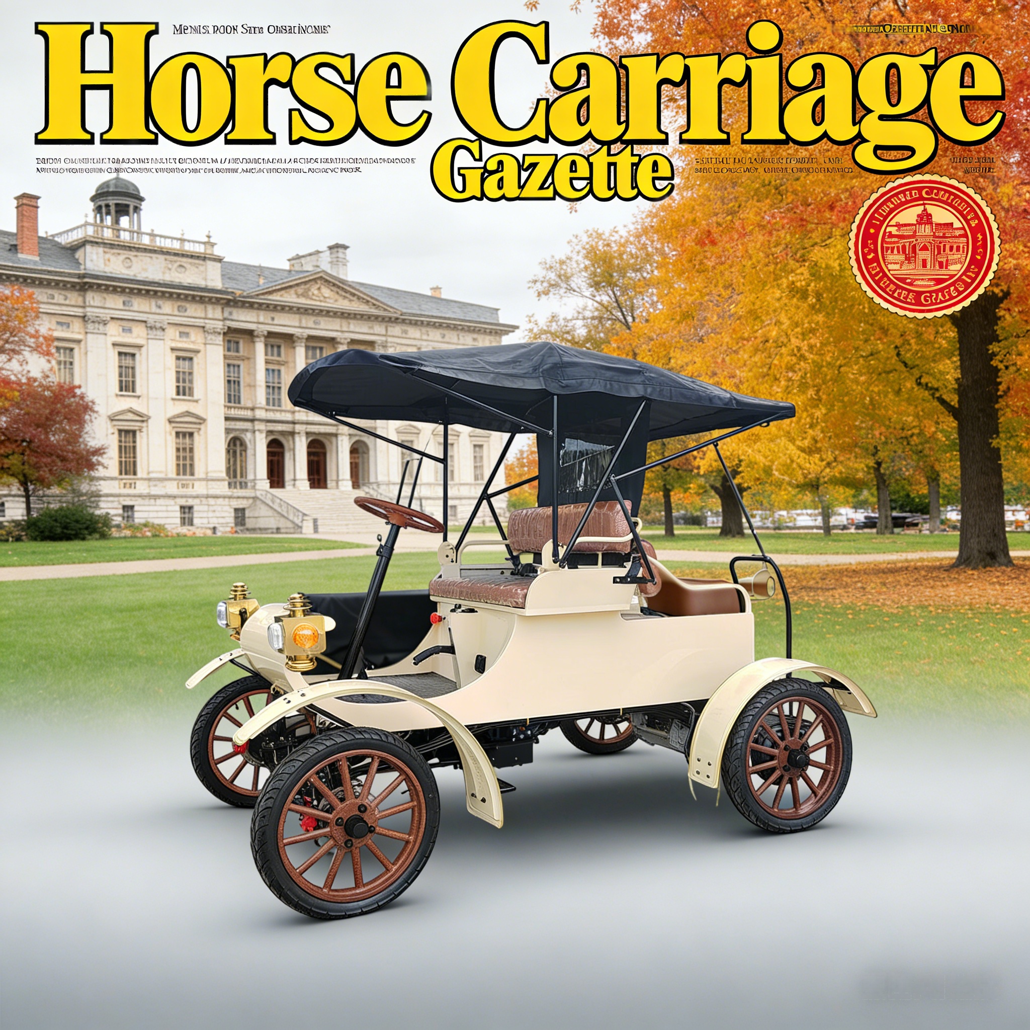 White retro electric vintage car - "Horse Carriage Gazette" magazine cover scene (in autumn garden)