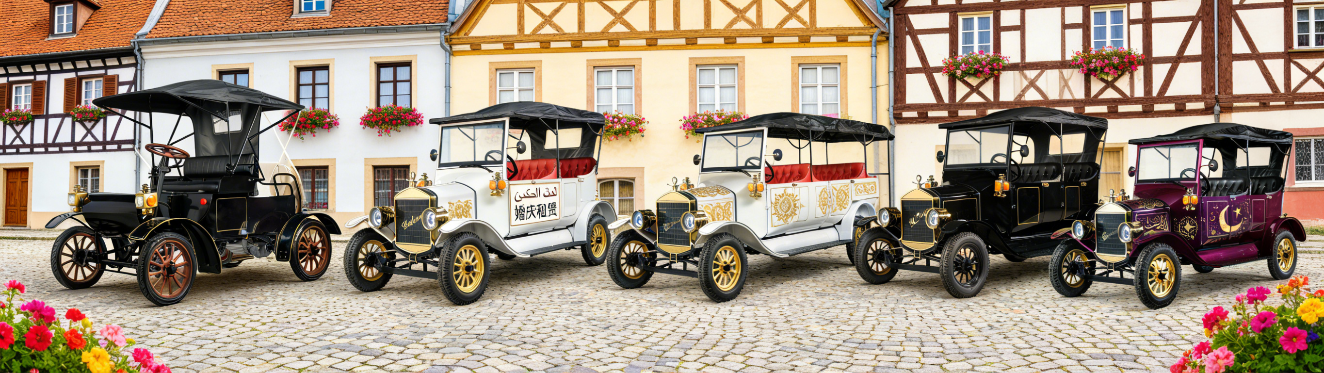 A variety of vintage classic cars displayed on the streets of a European town