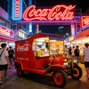 Coca-Cola retro food truck operating in a busy urban night market with neon signs