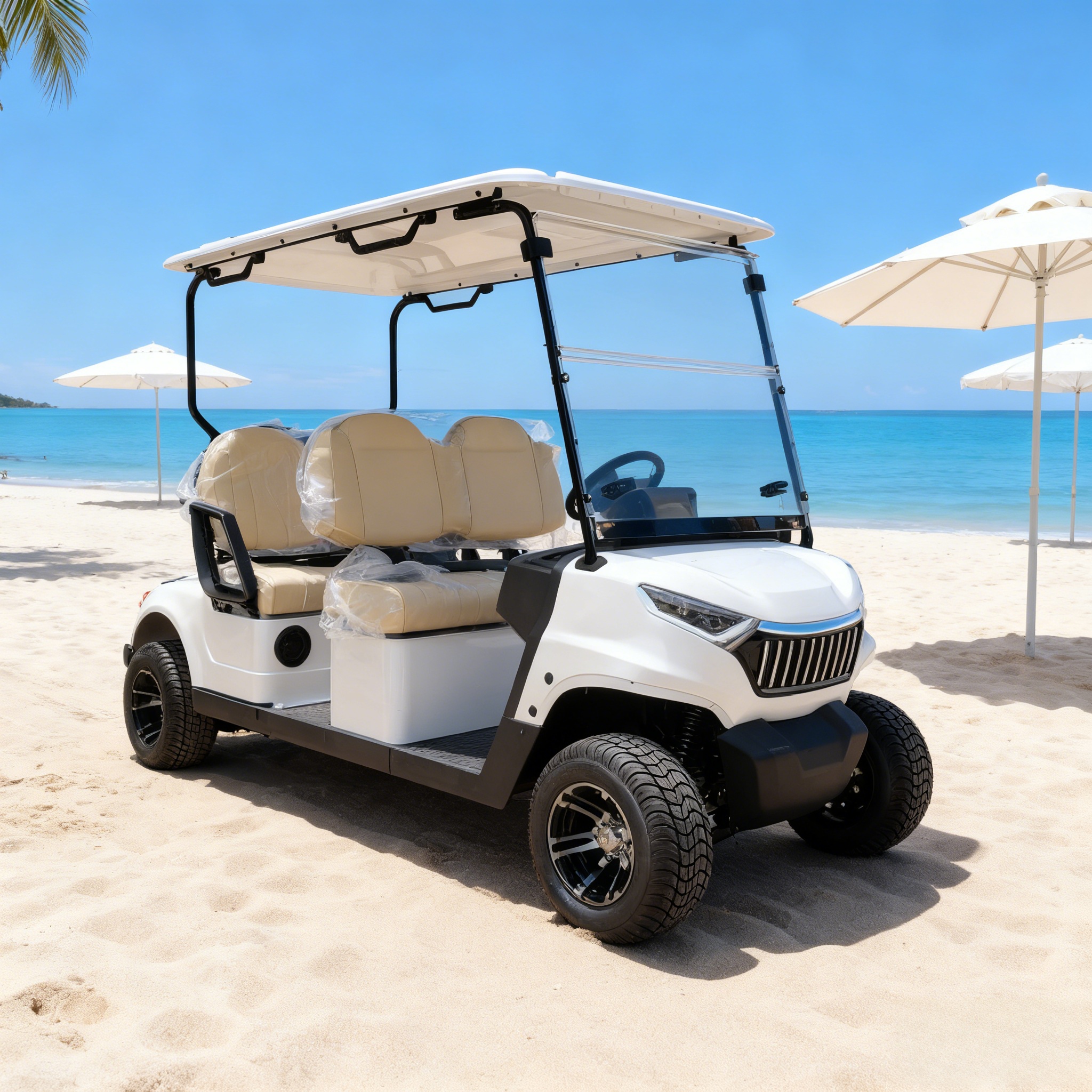 4-seat white electric golf cart on a sandy beach with a coastal resort background, perfect for beach vacation shuttles