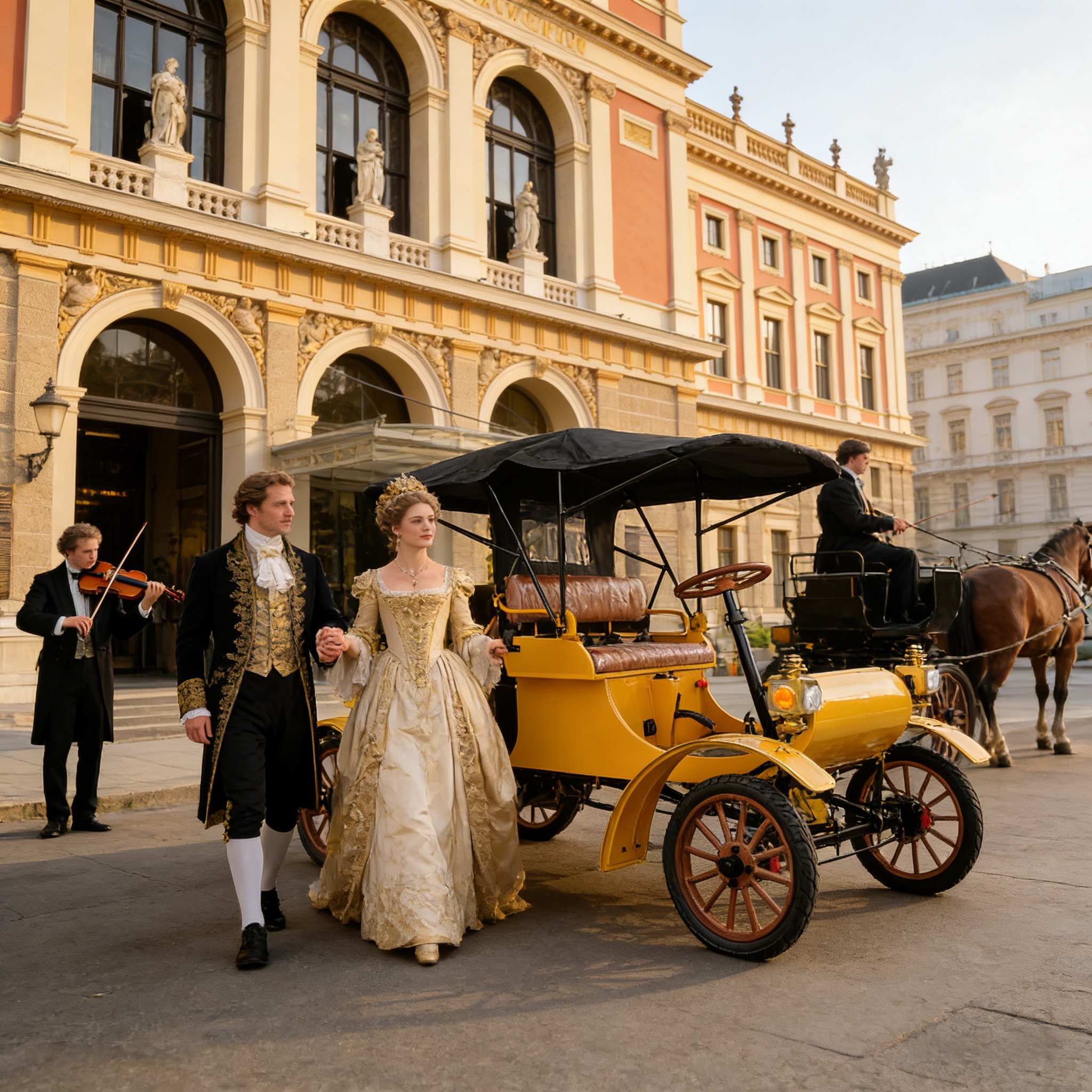 Yellow retro electric vintage car - European classical architectural scene (with elements of retro-dressed characters, violin performers and carriage escorts)