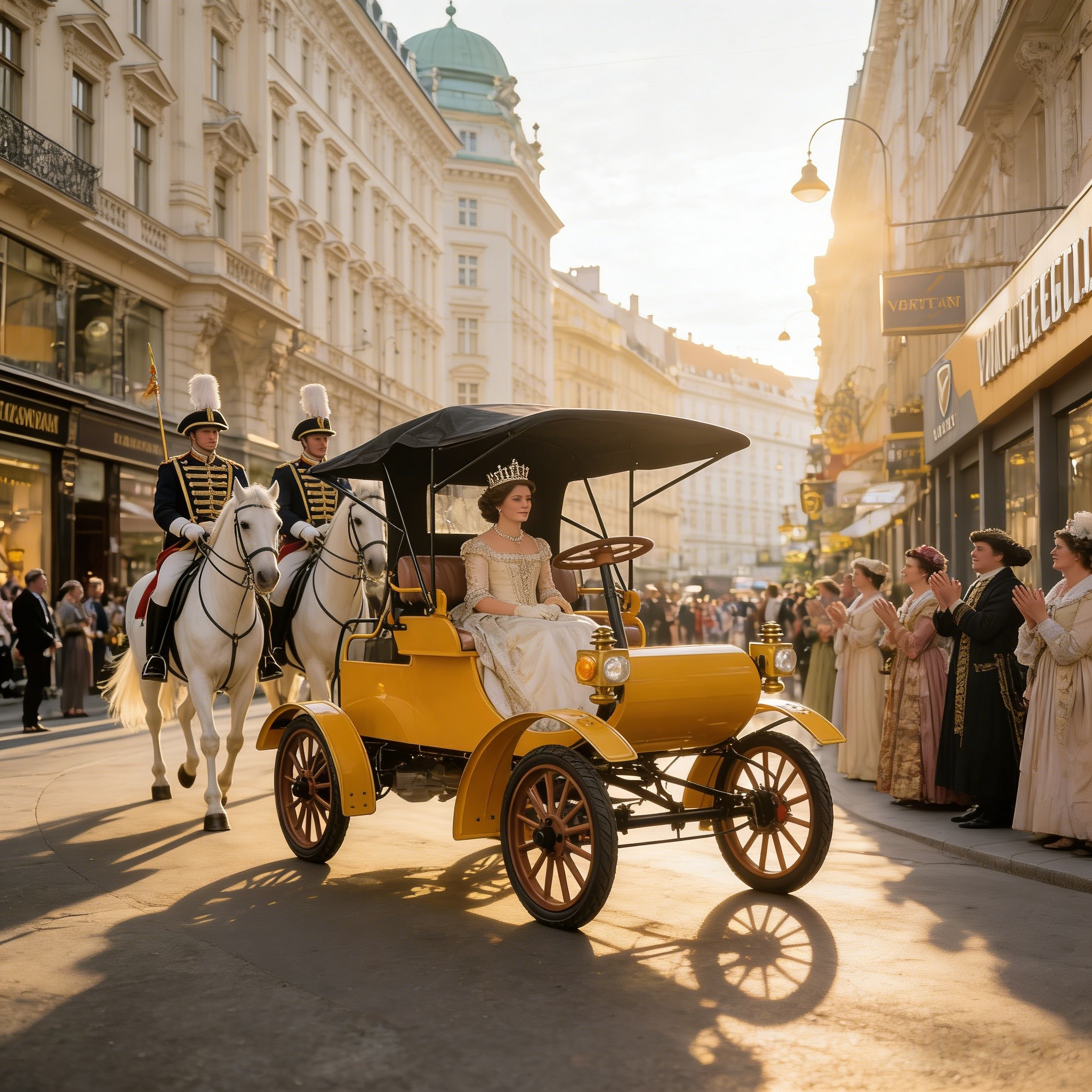 Yellow retro electric welcome vintage car - High-end cultural tourism transfer scene on European streets (including elements of passengers in formal dresses and cavalry escorts)