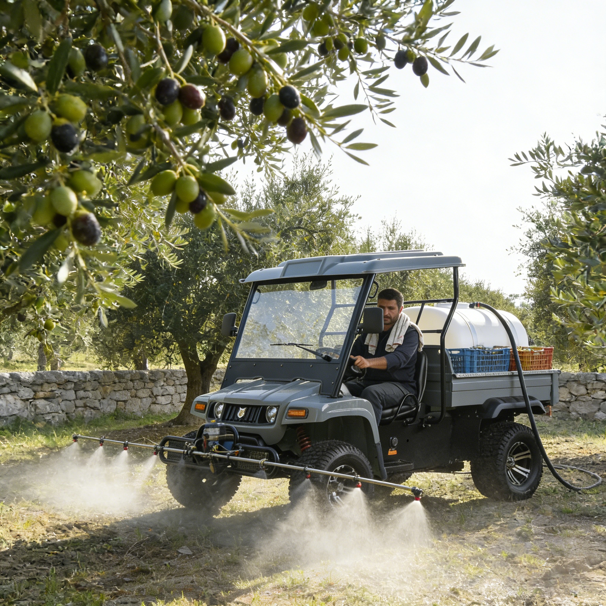Yatian UTV used for agricultural spraying in an olive orchard