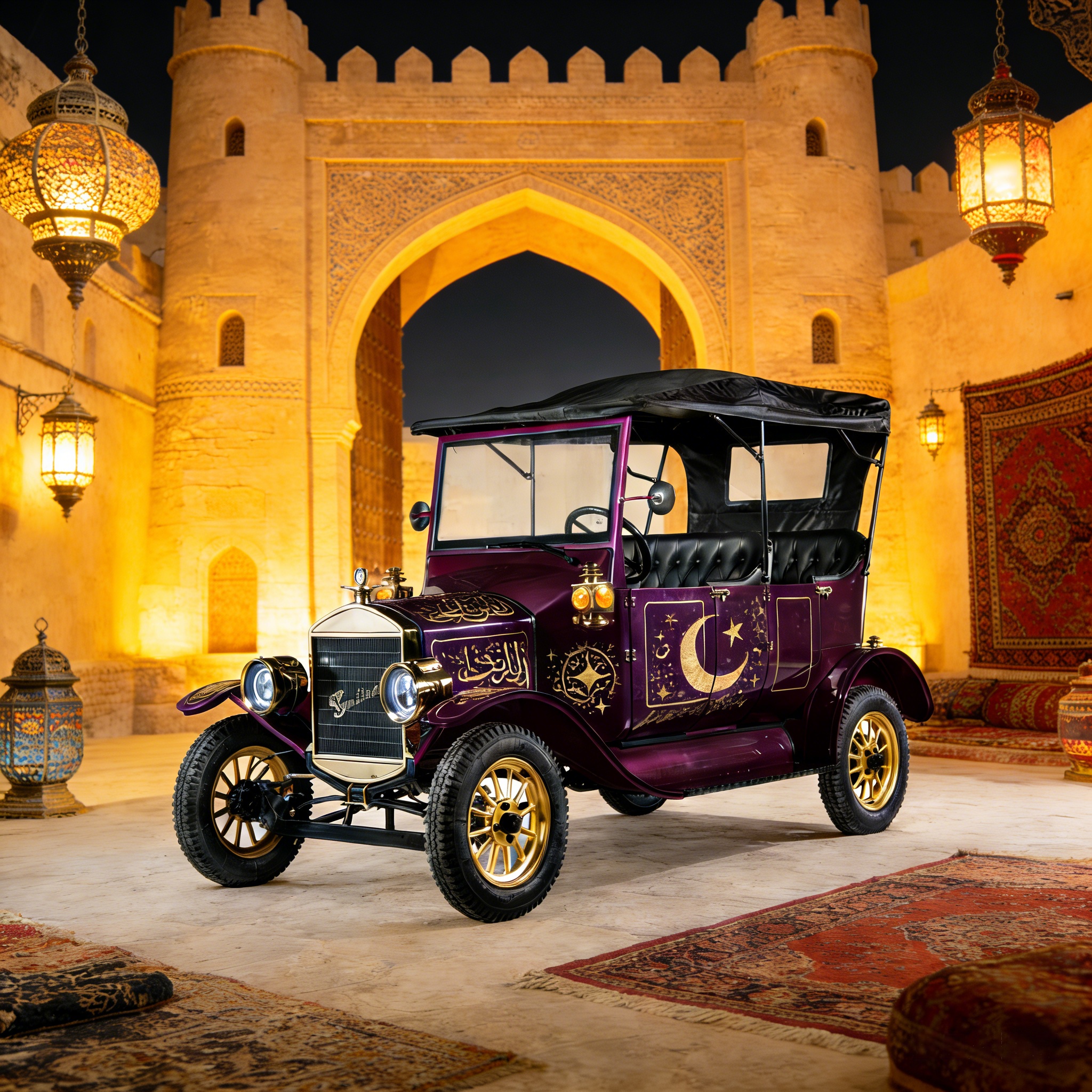 Vintage Replica Classic Car in Historical Building Background