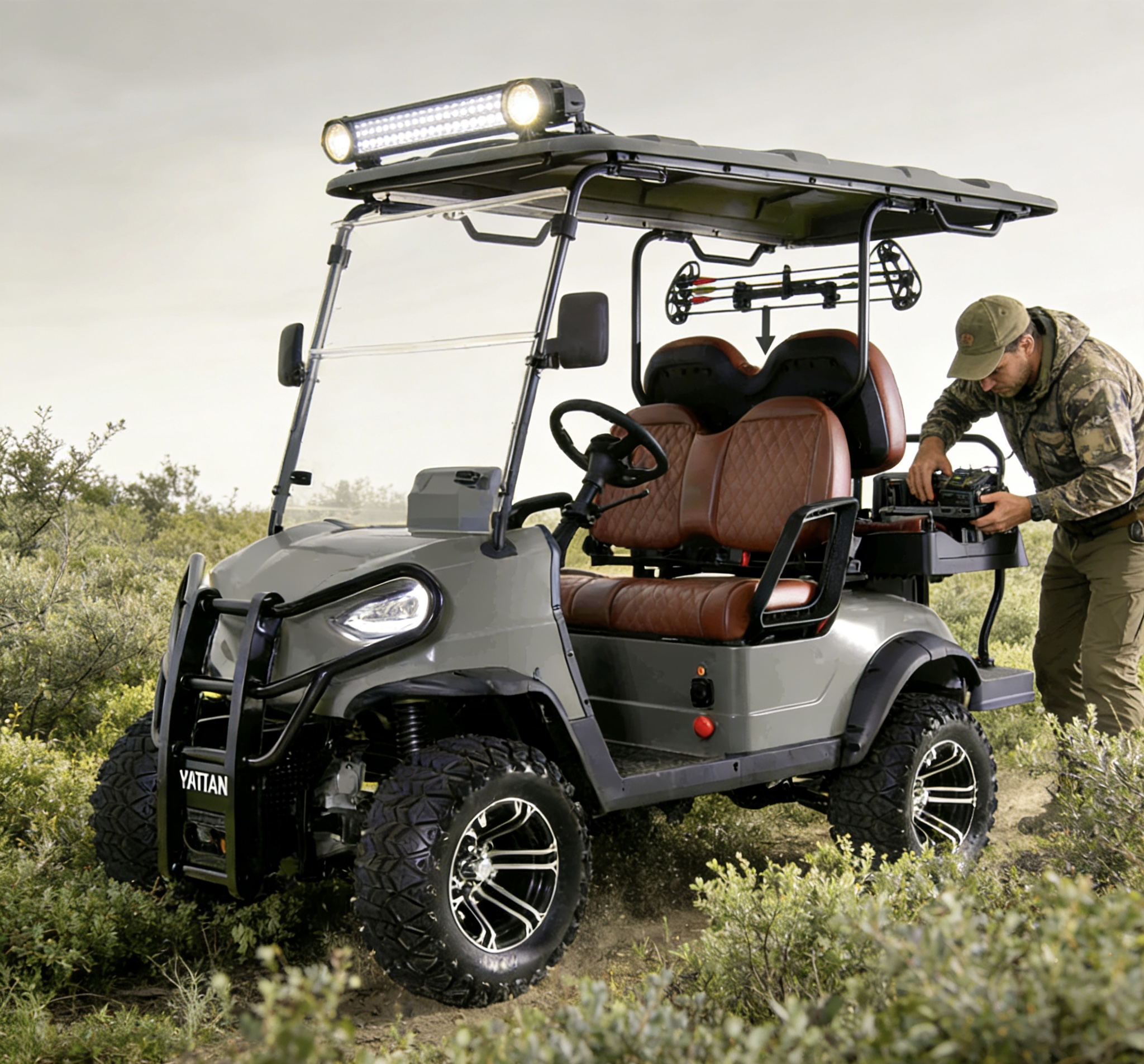 GQ22Q 72V 4WD electric hunting golf cart, professional hunter adjusting gear in a wild hunting scene