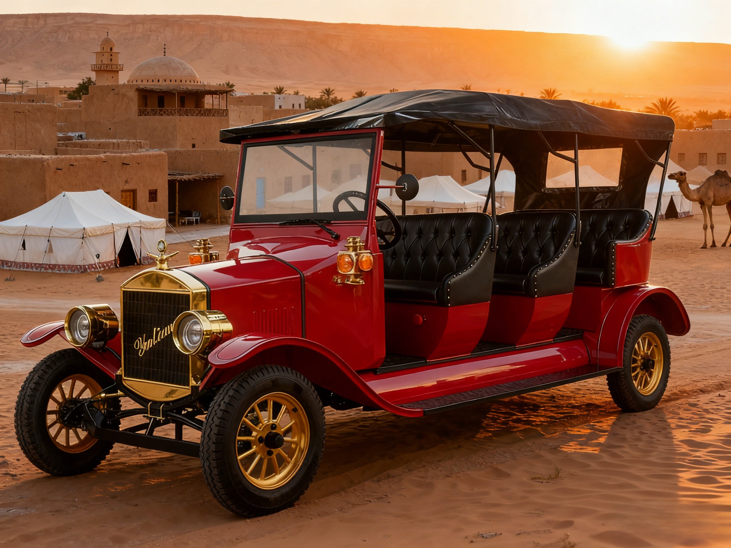 YATIAN Red and Gold Retro Electric Sightseeing Car in Middle Eastern Desert Resort