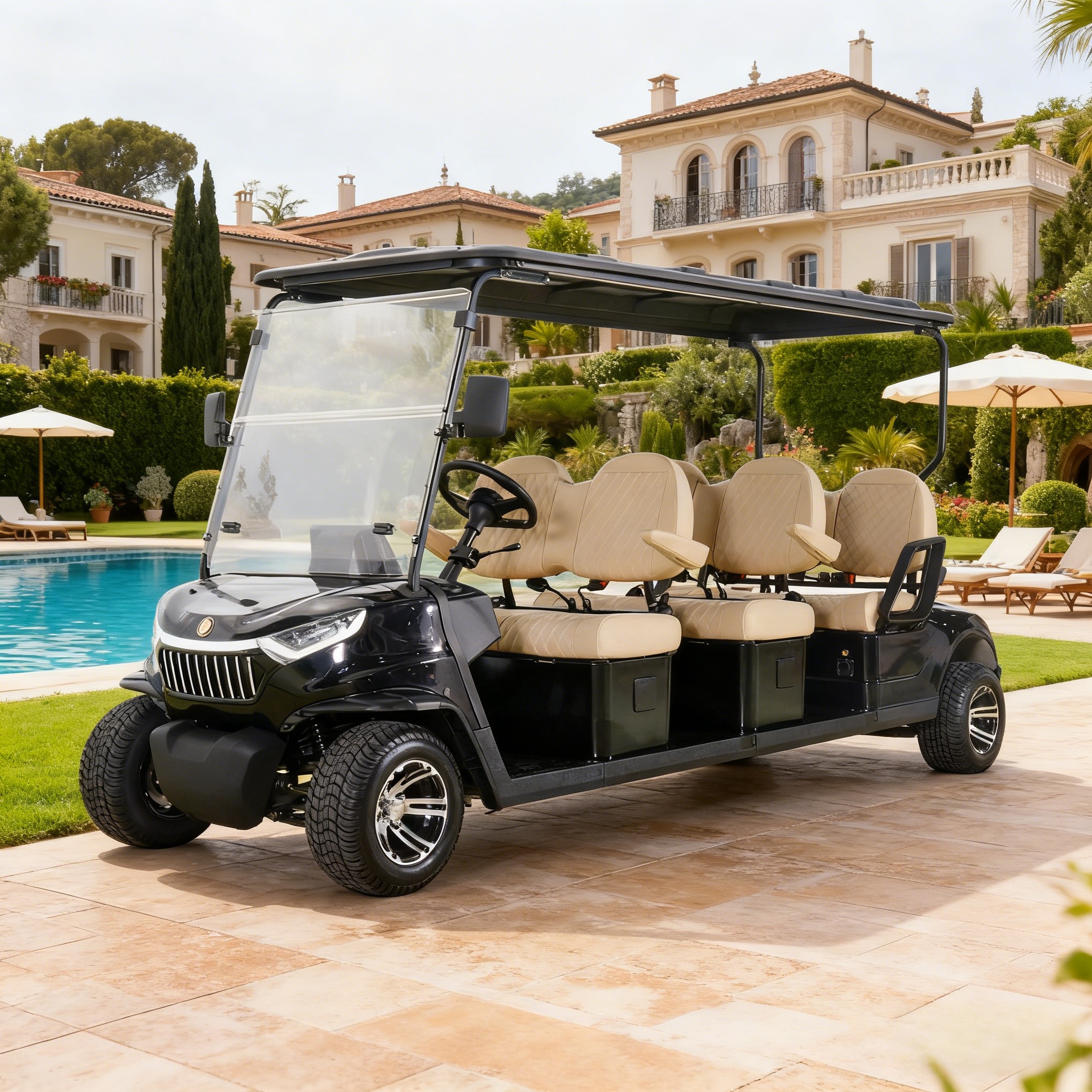 6-seat black luxury electric golf cart by a pool at a coastal manor, designed for group guest transport