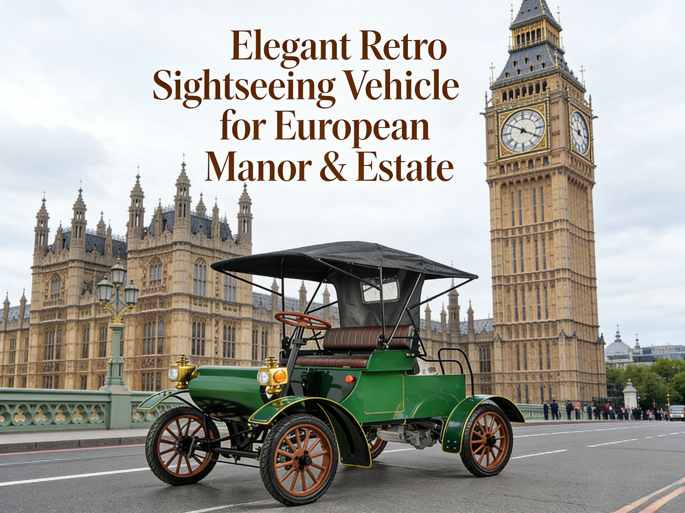 Green retro electric sightseeing vehicle - European manor & estate scene in London (with Big Ben background)
