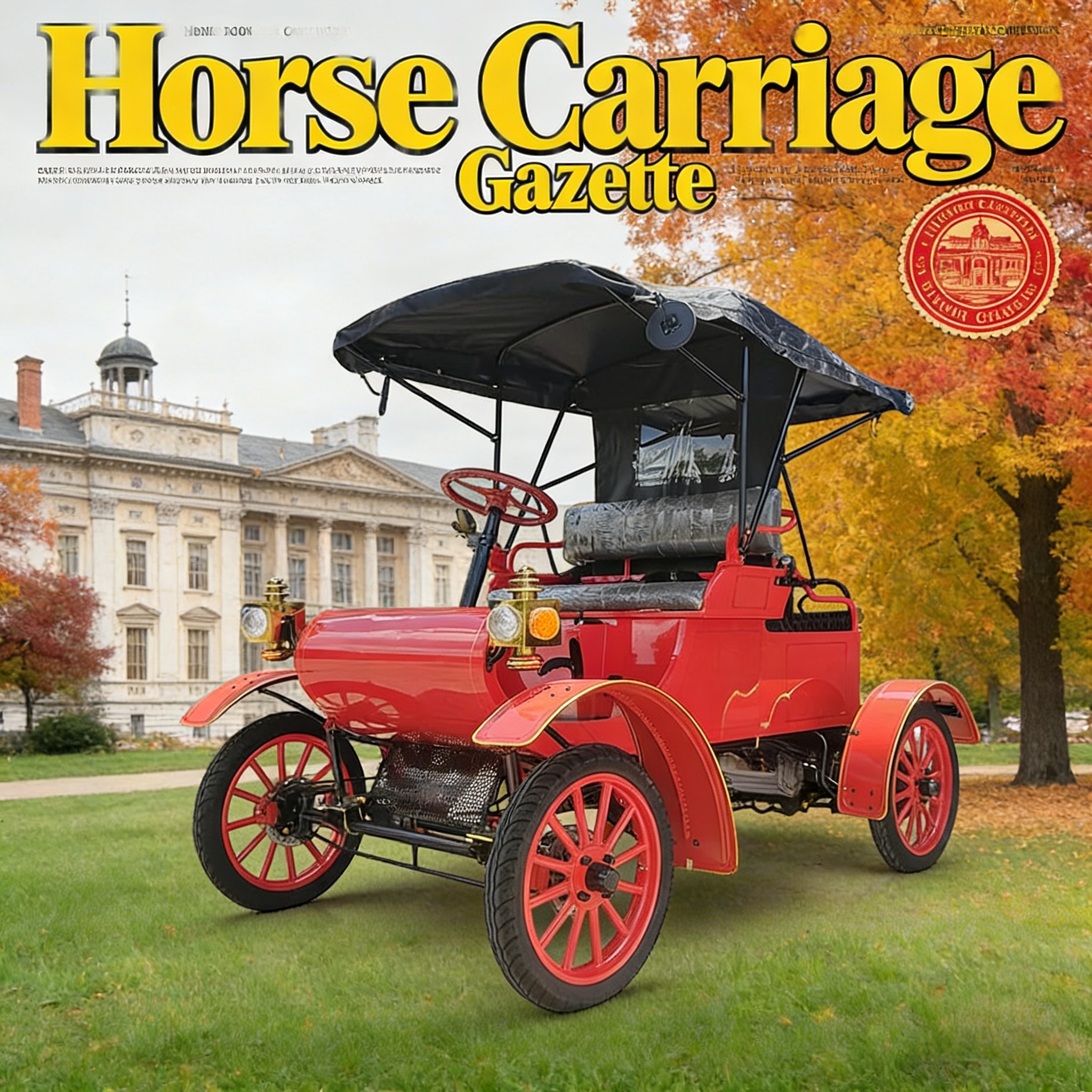 Red retro electric vintage car - "Horse Carriage Gazette" magazine cover scene (with European-style architecture)