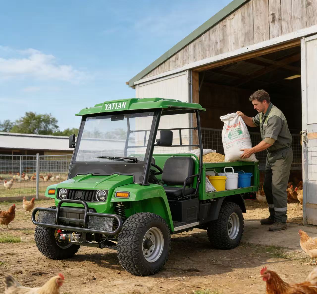 Green YATIAN electric utility vehicle - Worker loading feed bags into the UTV cargo bed at a chicken farm