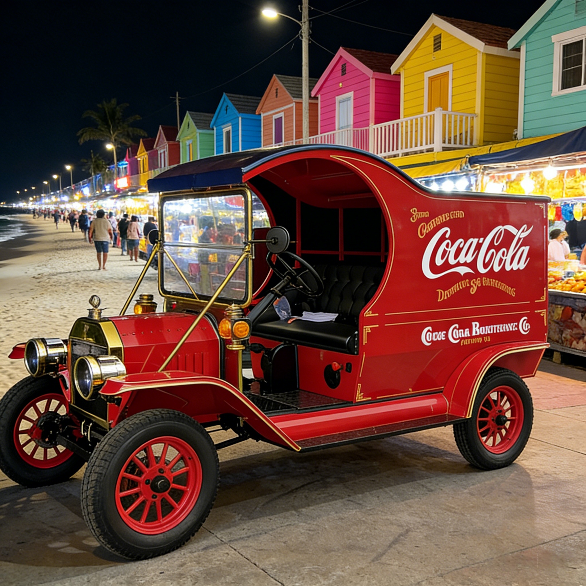 Coca-Cola Retro Mobile Food Truck at a Beach Night Market with Colorful Houses