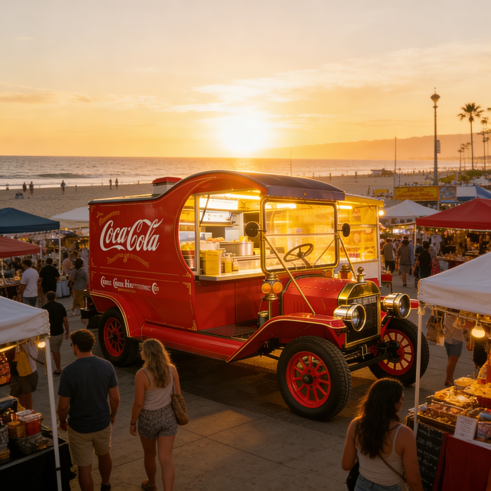 Illuminated Coca-Cola vintage food truck in a bustling tropical night market