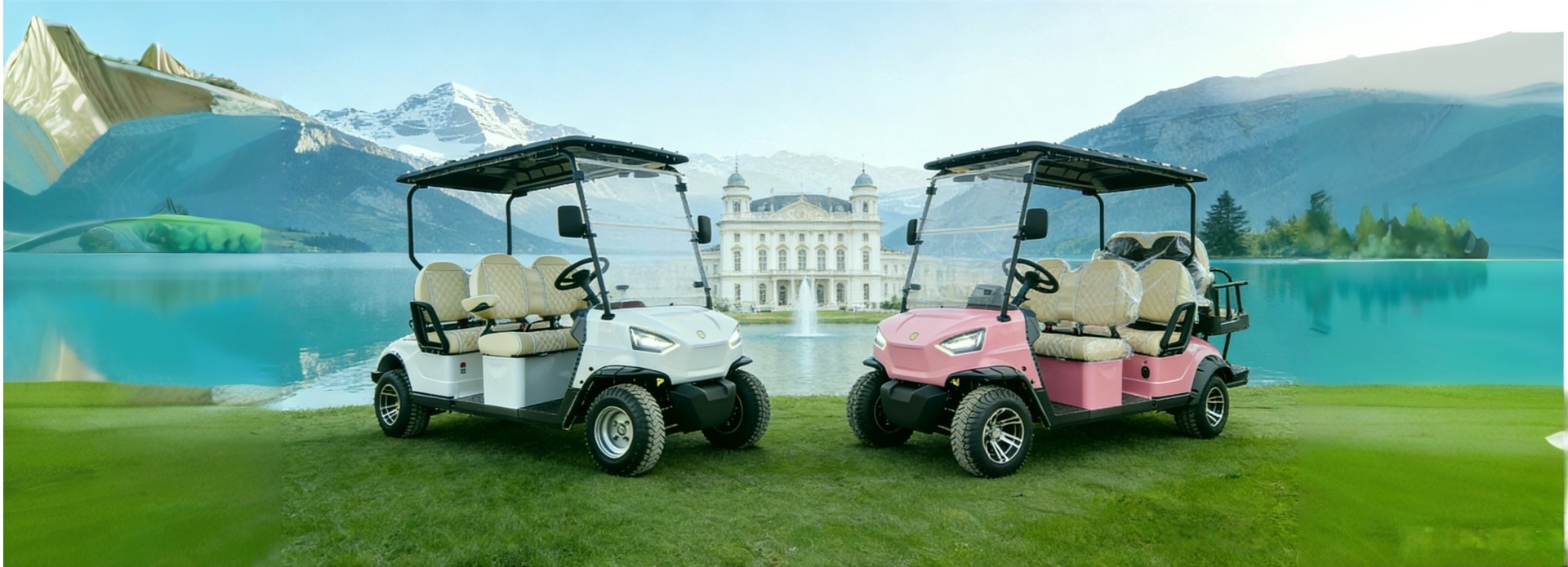 Two electric golf carts (white and pink) parked on a green lawn with a lake and historic manor in the background, showcasing multi-scenario commercial mobility solutions