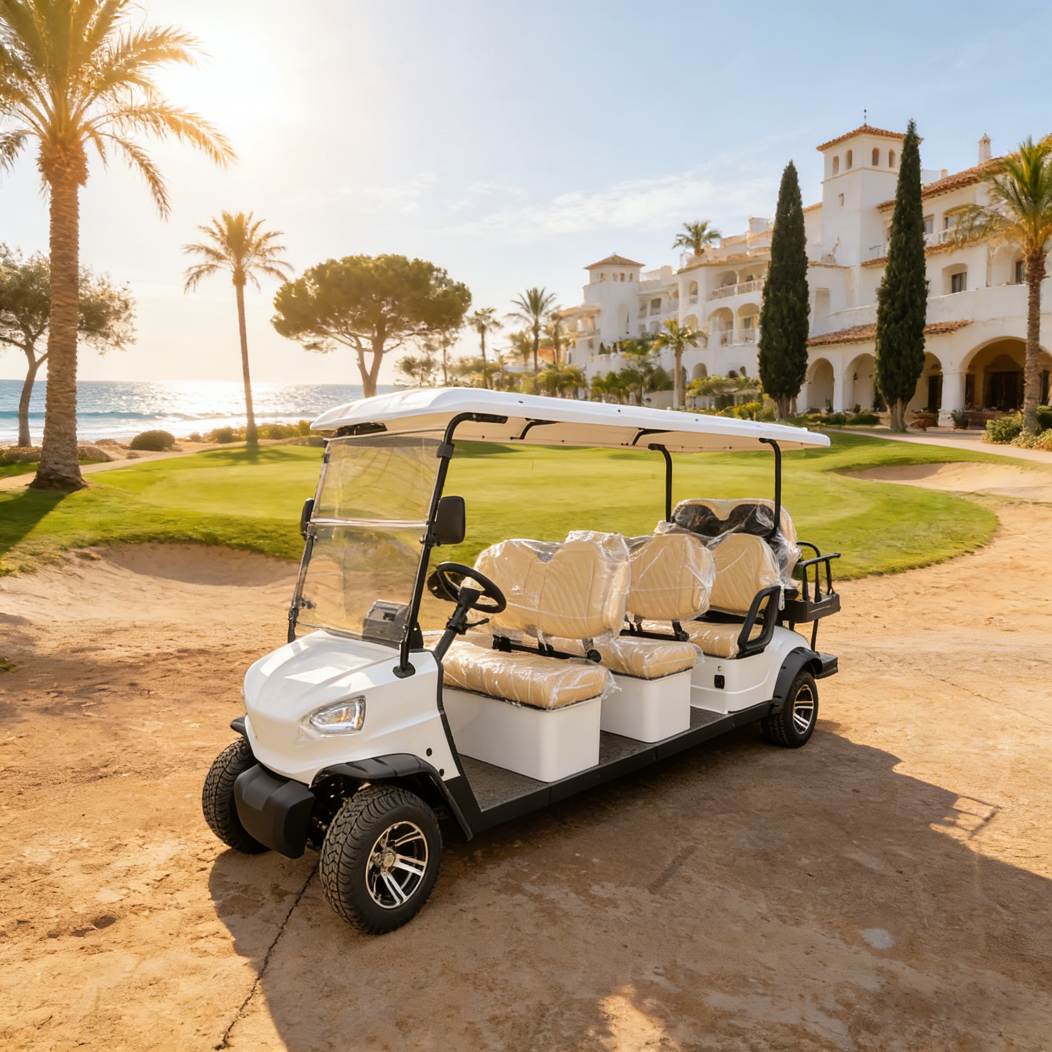 8-seat white electric golf cart on a coastal manor path, providing group transport for resort guests