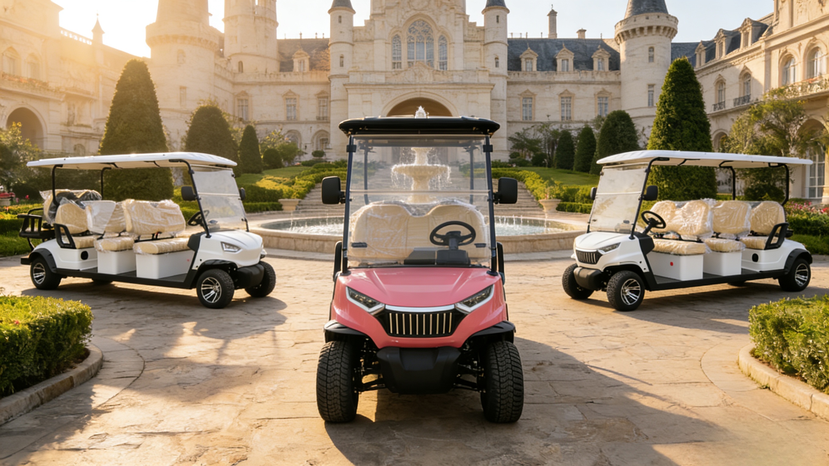 Two electric golf carts (white and pink) parked on a green lawn with a lake and historic manor in the background, showcasing multi-scenario commercial mobility solutions